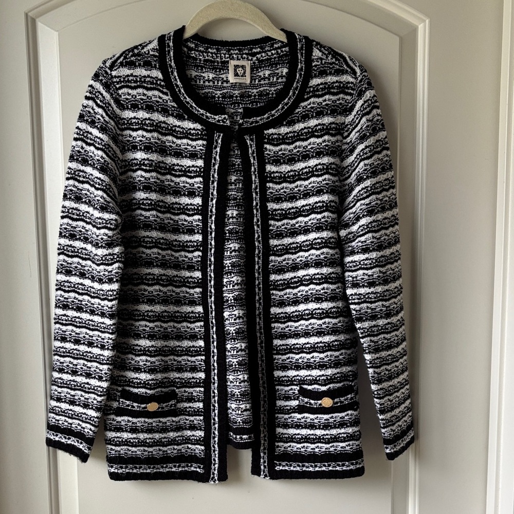 Anne Klein Black/White/Gold Boucle Open Front Textured Blazer- Small